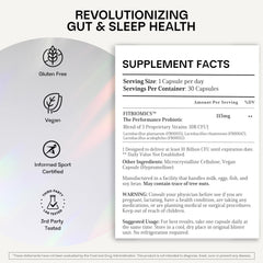 FITBIOMICS Nella label detail highlights vegan gluten-free GMP quality.