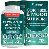 Front view of the five-in-one cortisol supplement bottle featuring Ashwagandha and magnesium