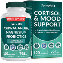 Front view of the five-in-one cortisol supplement bottle featuring Ashwagandha and magnesium
