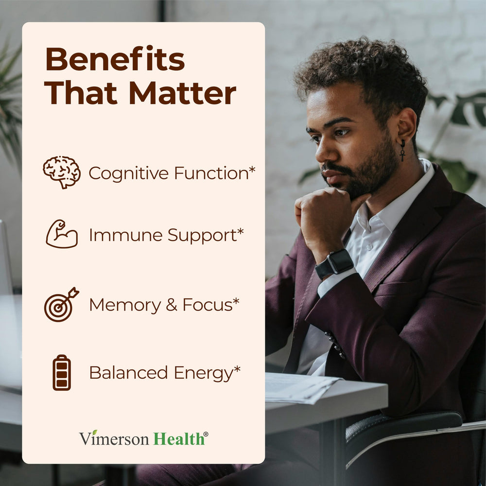 Five-mushroom complex ingredients including Lion's Mane, Chaga, Reishi, Shiitake and Maitake
