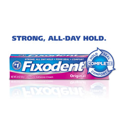 Dentures supported by Fixodent Complete Original adhesive