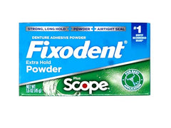Back view of Fixodent Scope powder packaging showing 1.6 oz per pack
