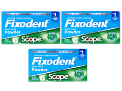 Front view of Fixodent Extra Strong Denture Adhesive Powder with Scope Pack of 3