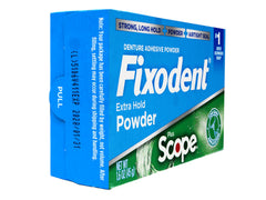 Fixodent Scope packaging and 1.6 oz powder container