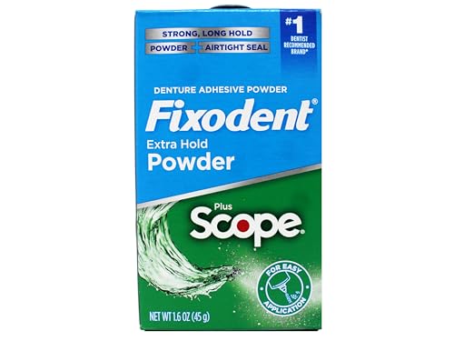 Close-up of powder being dispensed from Fixodent Scope container