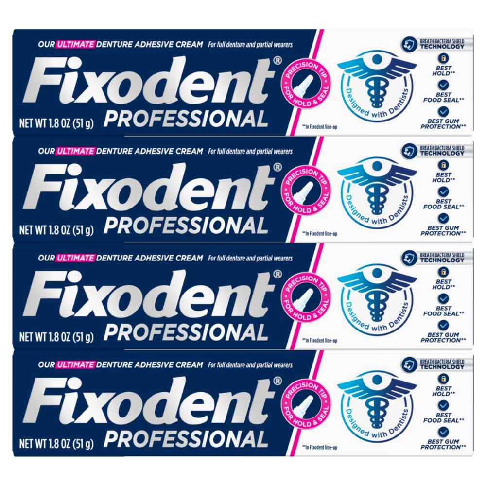Smiling person with secure dentures using Fixodent adhesive