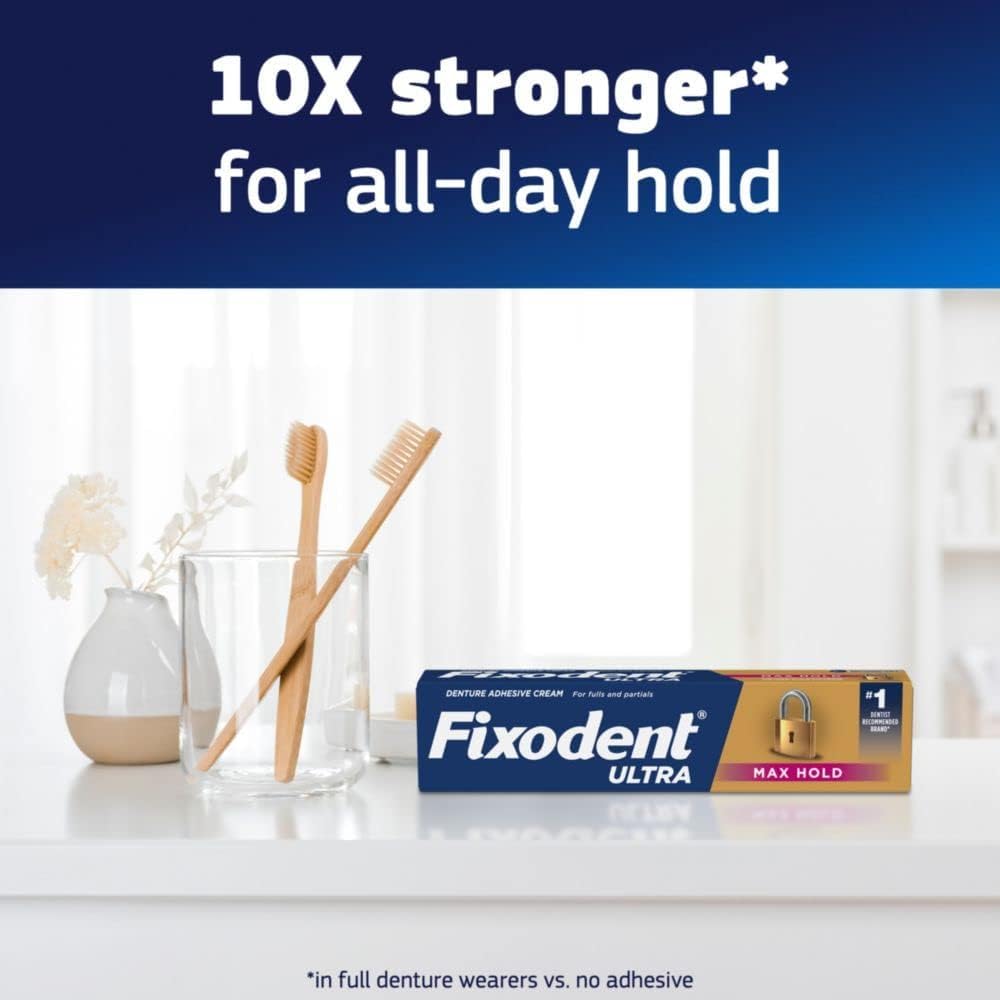 All-day hold and strong seal graphic for Fixodent Ultra Max Hold