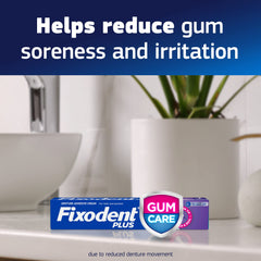Back view packaging showing Fixodent Plus Gum Care 2 oz adhesive