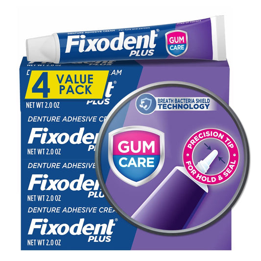 Front view of Fixodent Plus Denture Adhesive Cream 2 oz pack of 4