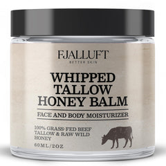FJALLUFT Tallow Face Moisturizer jar closeup highlights whipped texture for deep hydration.