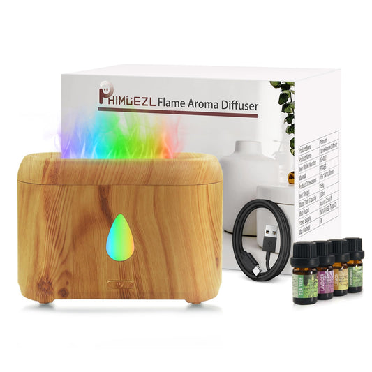 Flame diffuser with wooden grain finish and color LED lights