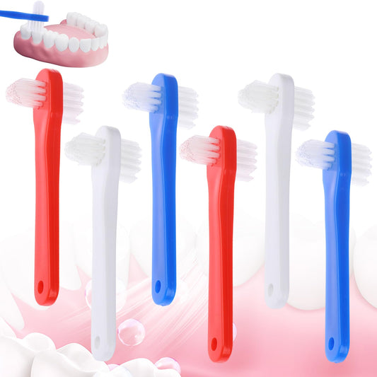 Six-pack FLATRI denture brushes with dual-headed design and color-coded handles