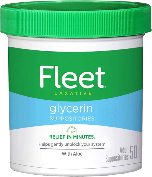 Fleet Glycerin Suppositories Aloe 50-count box front highlights convenient, doctor-recommended bowel relief.