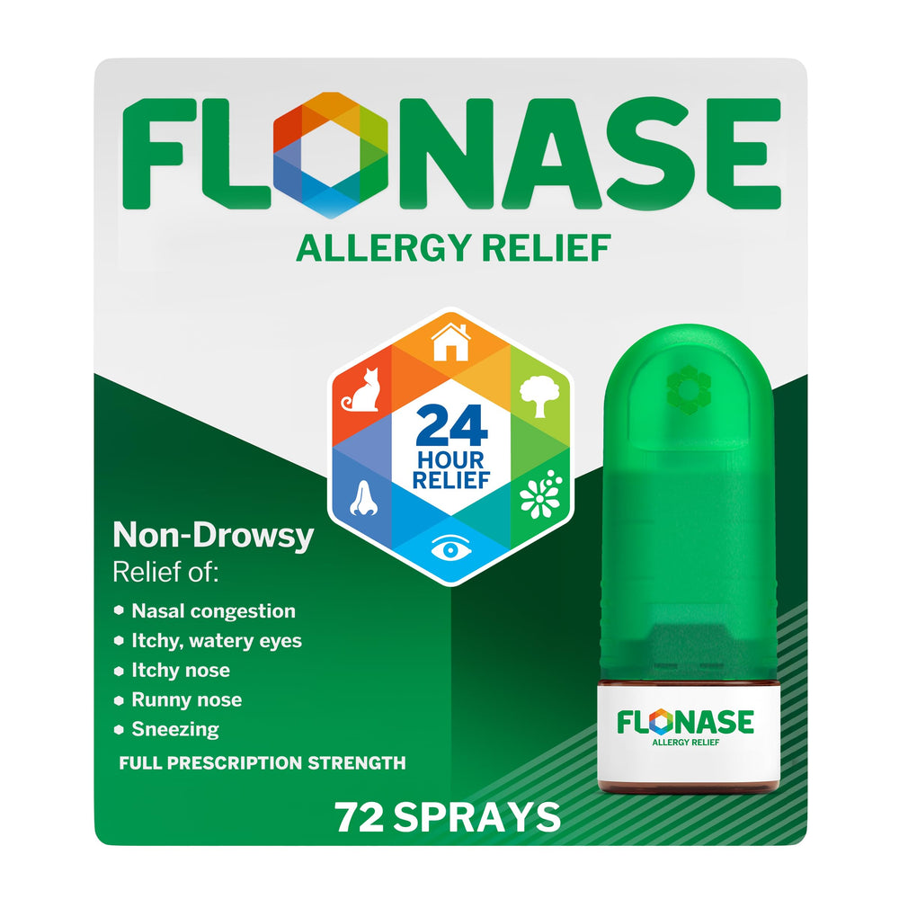 Flonase bottle front view showing compact allergy relief for on-the-go use