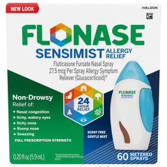 Flonase Sensimist bottle closeup with fine mist for gentle, day-long allergy relief