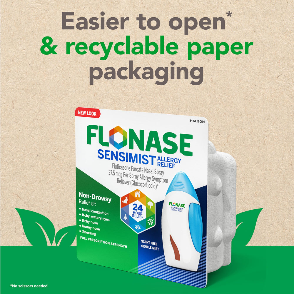 Flonase Sensimist scent-free mist conveys discreet relief during seasonal changes.