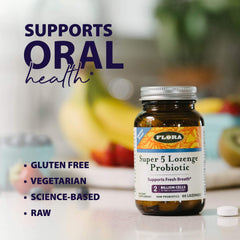 Ingredients and nutrition label for Flora 5 Lozenge Probiotic Raspberry
