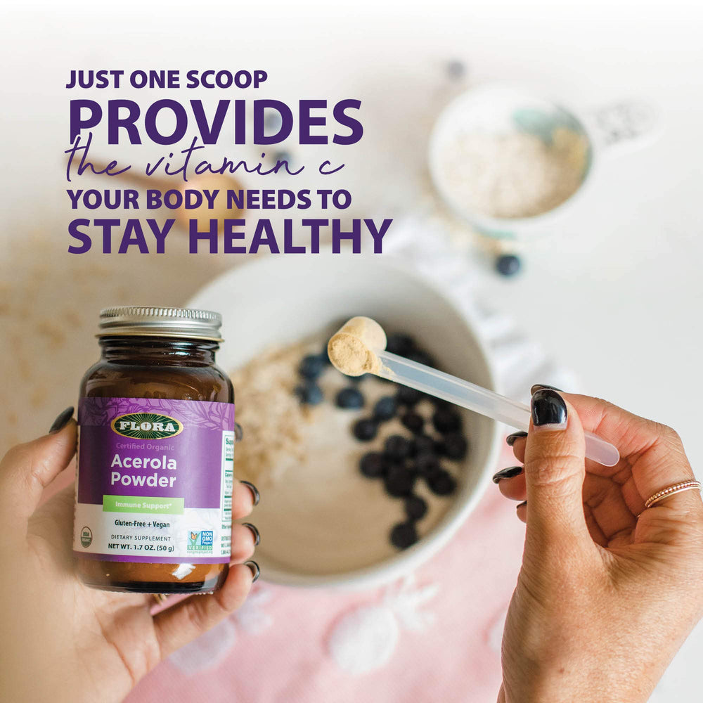 Close-up of Acerola powder ingredients and label