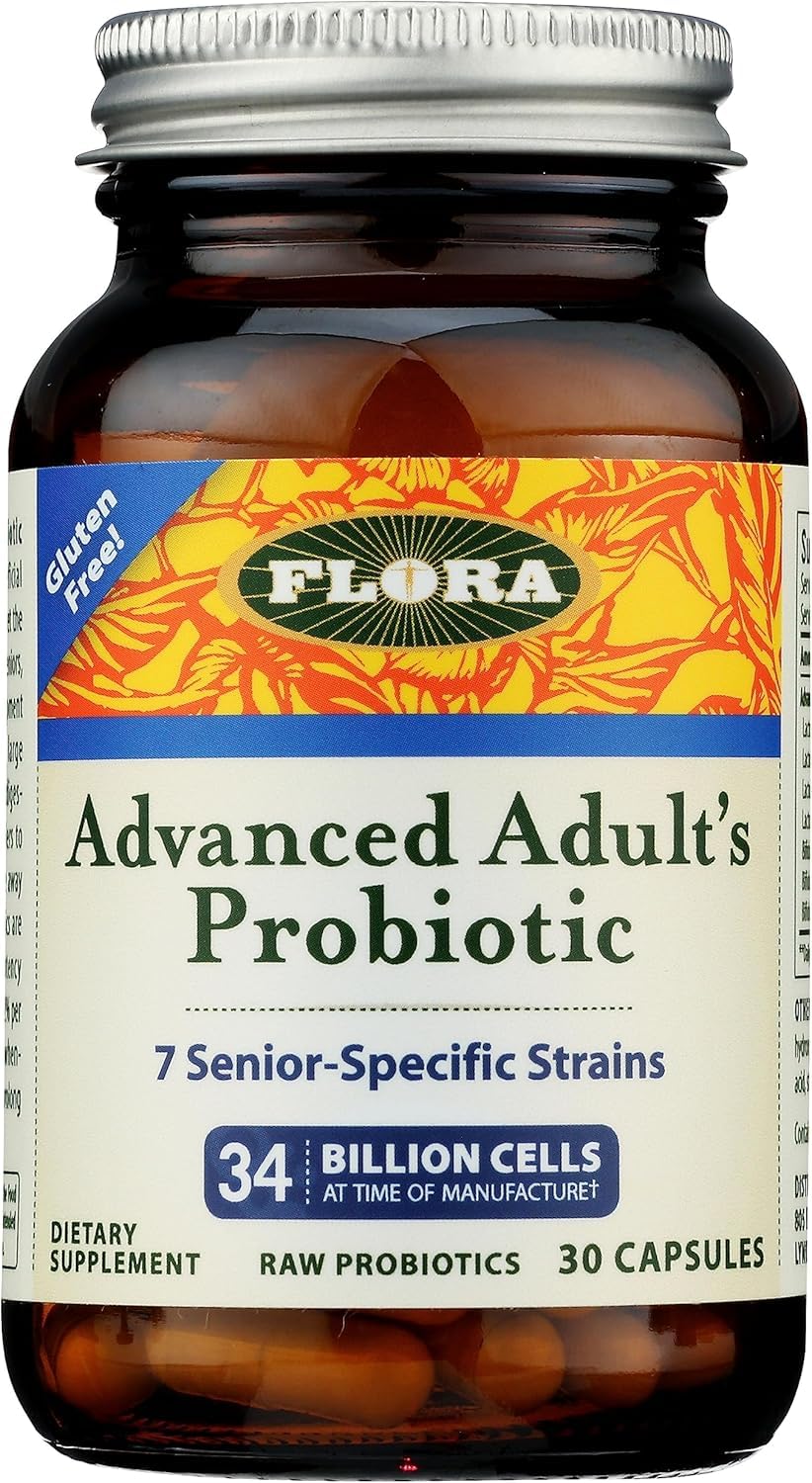 Bottle label showing Flora Advanced Adult Probiotic with 34 Billion CFU and 7 strains