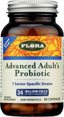 Bottle label showing Flora Advanced Adult Probiotic with 34 Billion CFU and 7 strains