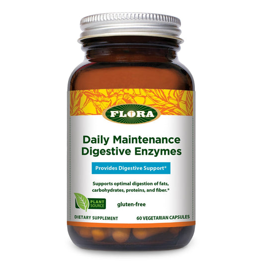 Bottle of Flora Daily Maintenance Digestive Enzymes showing seven-enzyme formula