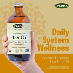 Close-up of Flora Health flax oil label showing organic and non-GMO