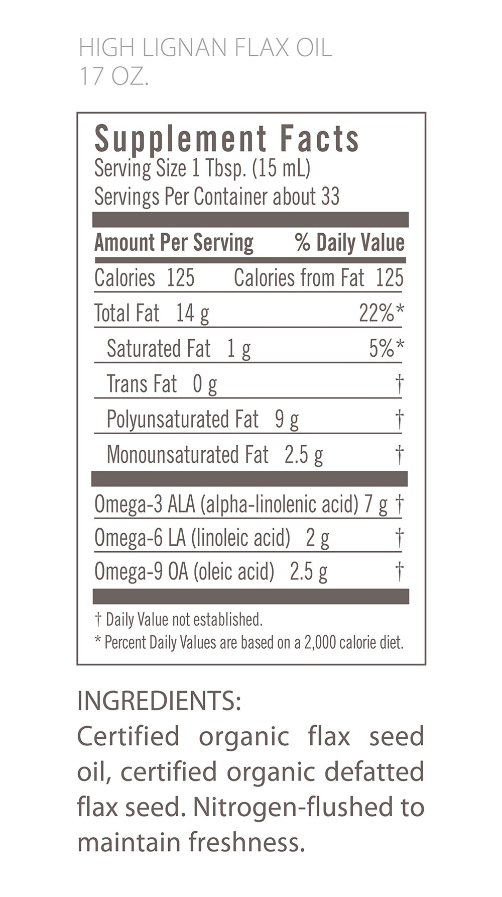 Close-up of Flora Health flaxseed oil bottle showing cold-pressed, unrefined oil