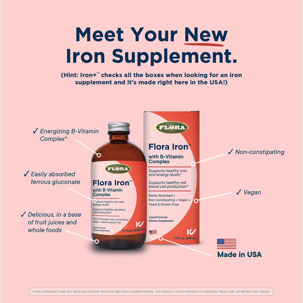 Close-up of Flora Iron liquid and dropper