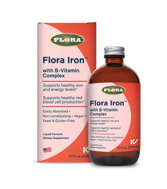 Flora Iron liquid iron supplement in a 7.7 fl oz glass bottle with fruit juice base