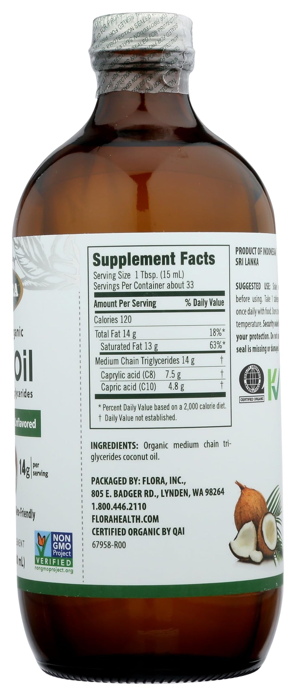 Label indicating Flora MCT Oil is non-GMO, vegan, gluten-free, keto-friendly
