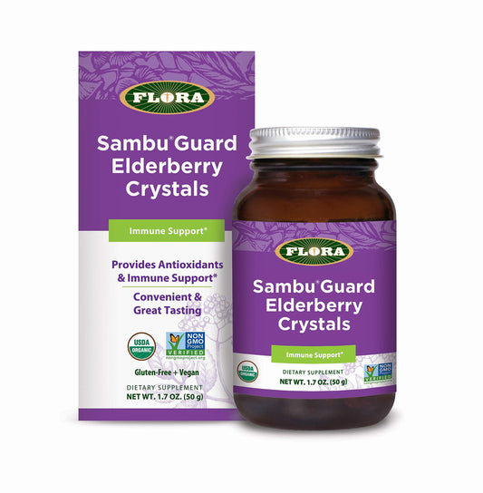 Flora SambuGuard Elderberry Crystals bottle with scoop