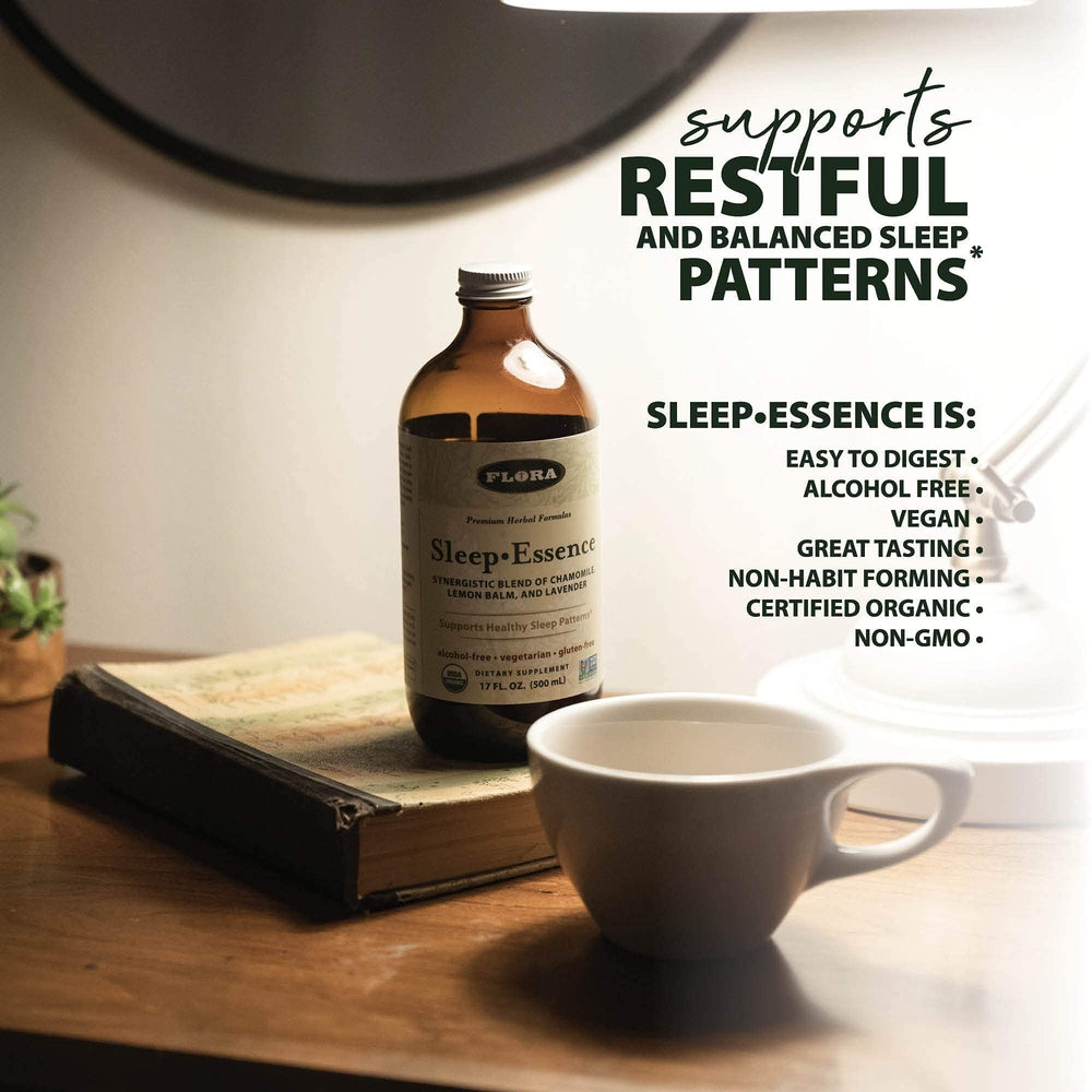 Lifestyle scene with glass of herbal tea and a spoon, representing Sleep-Essence