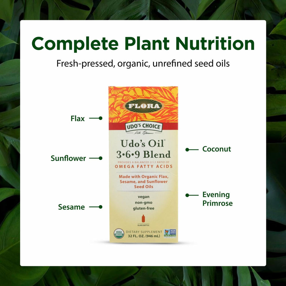 Ingredients display: flaxseed, coconut, evening primrose oils for nourishing fats