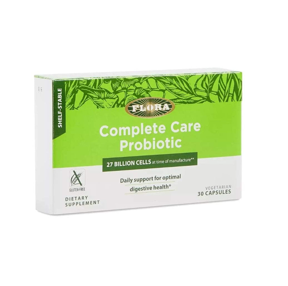 Capsules displayed next to packaging for Flora probiotic