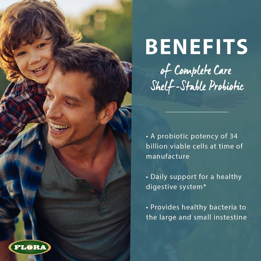 Gluten-free and non-GMO badges on Flora probiotic packaging