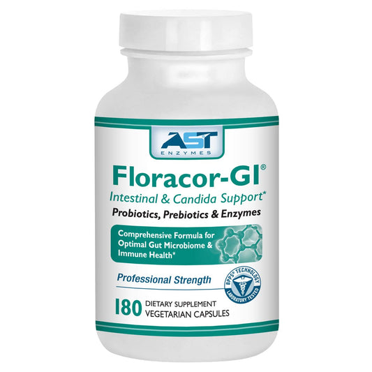 Floracor-GI probiotic and enzyme supplement bottle