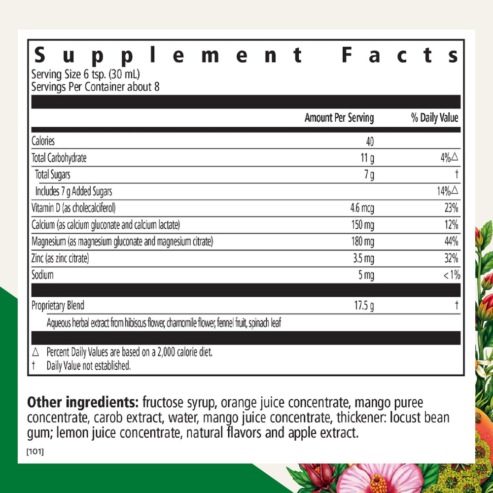 Close-up of Floradix ingredients showing calcium, magnesium, vitamin D and zinc.