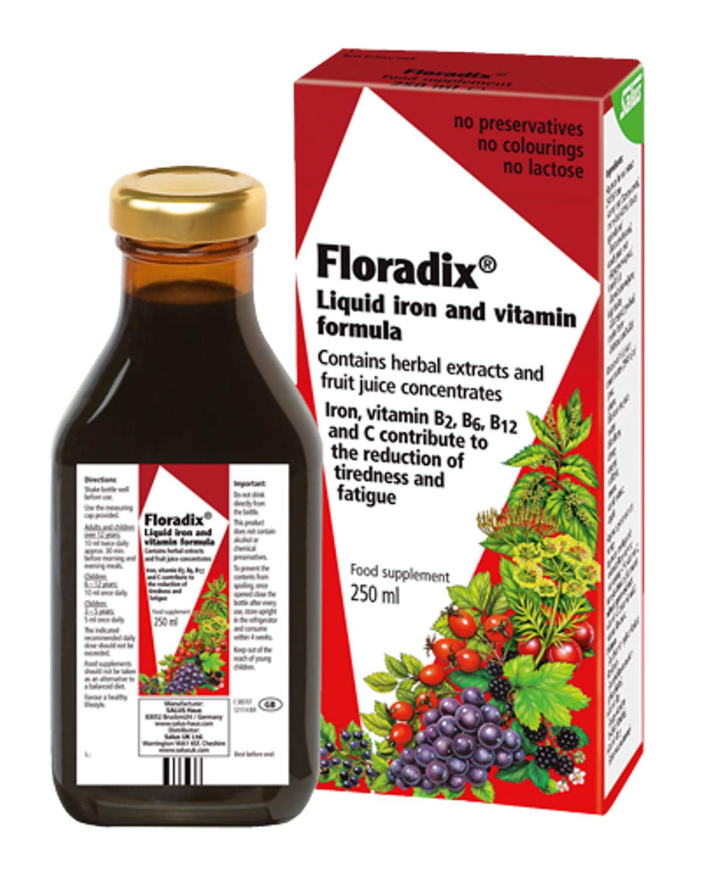 Floradix Floravital Liquid Iron & Vitamin Formula bottle front view (3-pack, 8.5 fl oz / 250 ml each, Made in Germany)