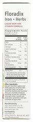 Back label on Floradix Floravital bottle highlighting ferrous gluconate and vitamins B1, B2, B6, B12 and C