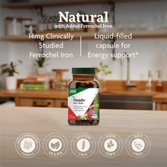 Floradix Iron + Herbs bottle with glass of water