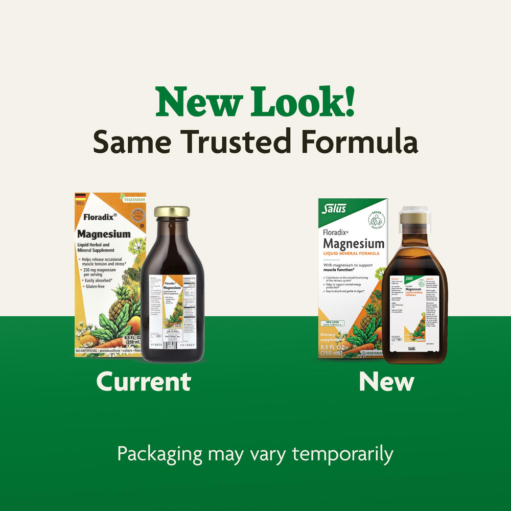 Lifestyle scene with Floradix Magnesium bottle on a kitchen counter