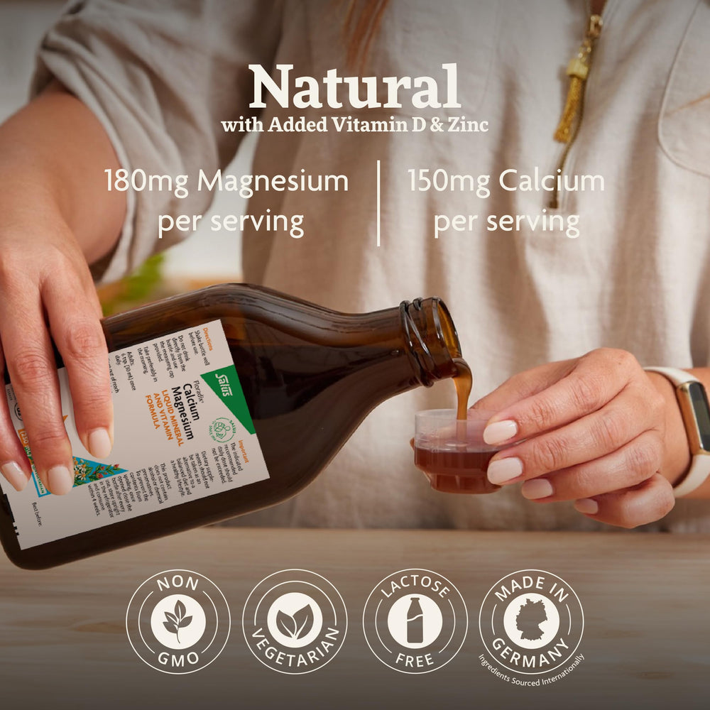 Floradix liquid formula with vitamin D and zinc for bone and teeth health.