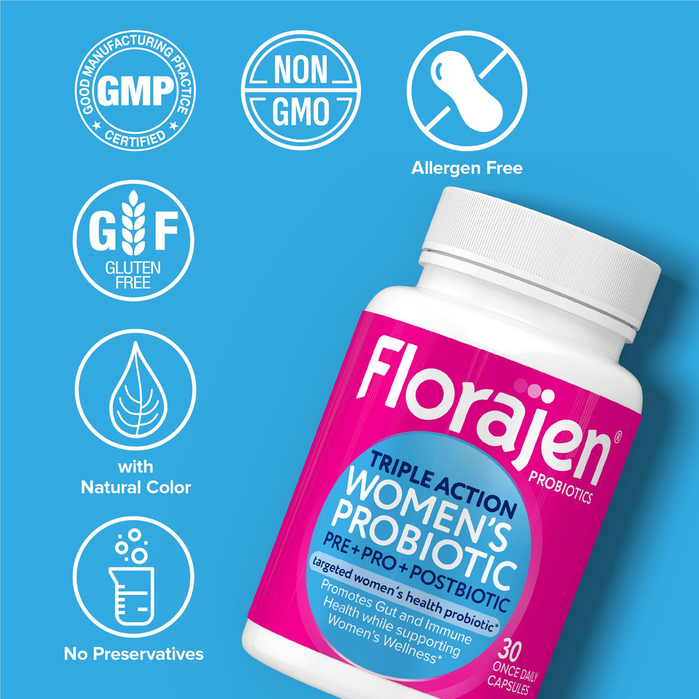 Healthy woman taking a Florajen supplement with water