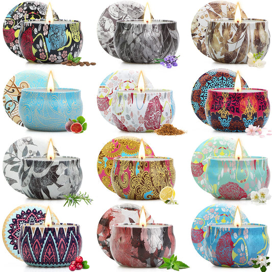 12-pack scented floral candles set in decorative jars