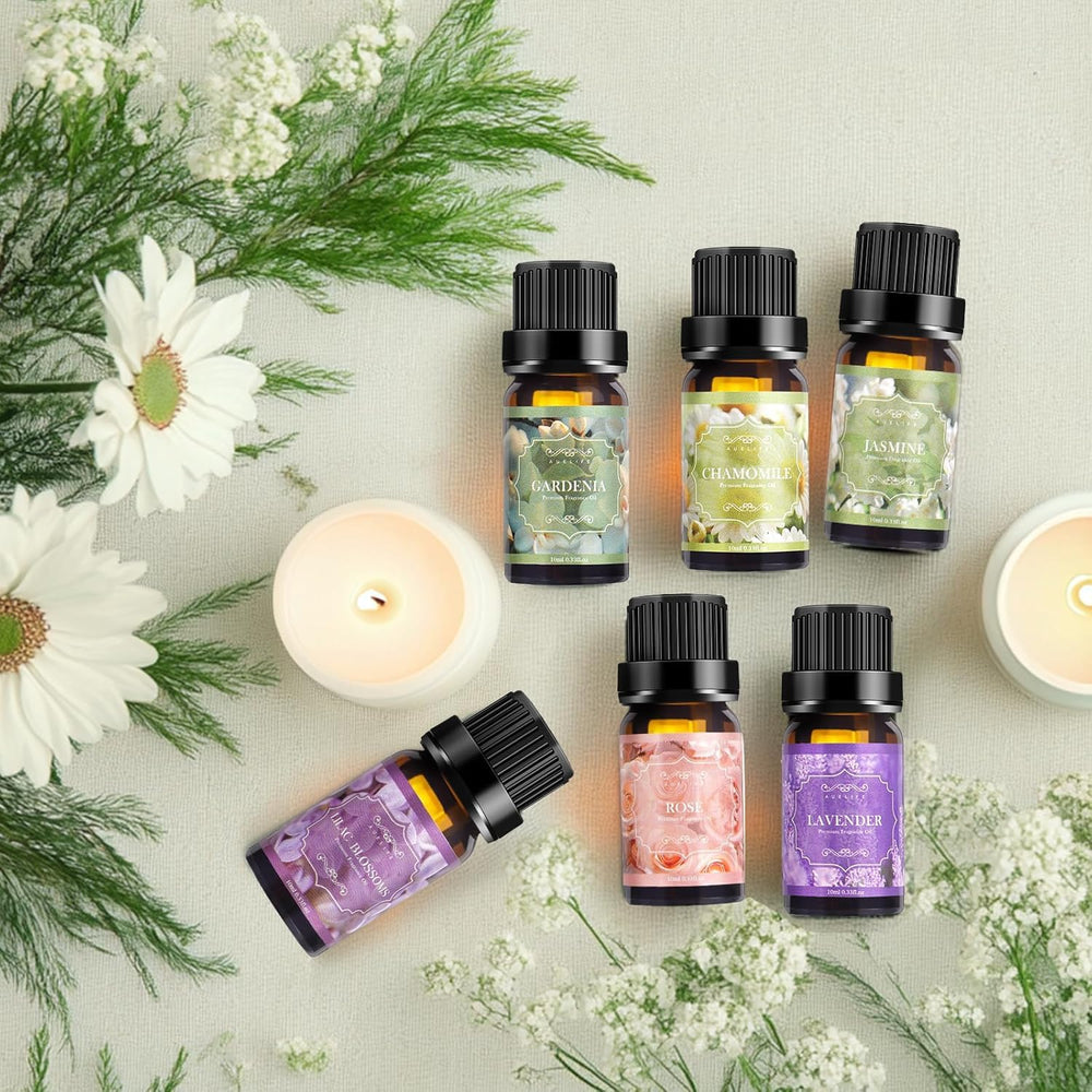 Lilac essential oil bottle with blossoms