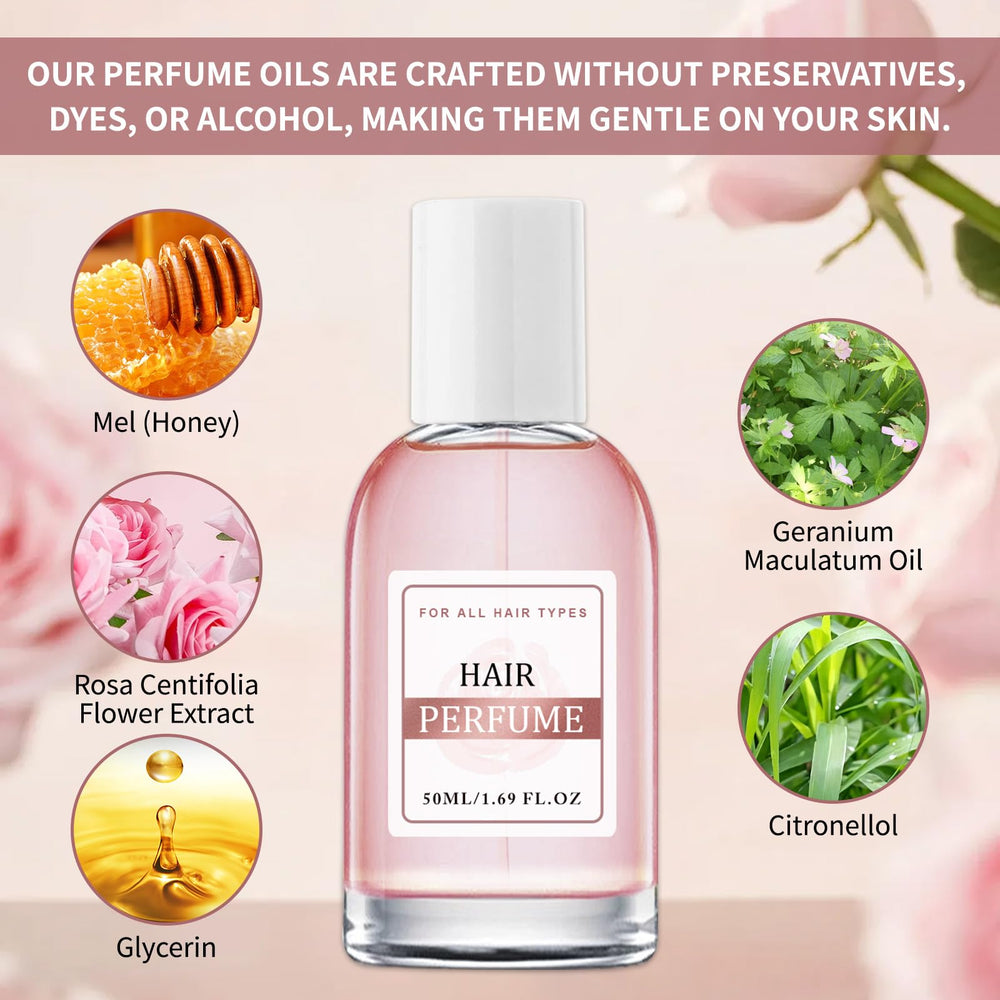 Close shot of Floral Rose Hair Perfume evokes delicate fragrance and mood.