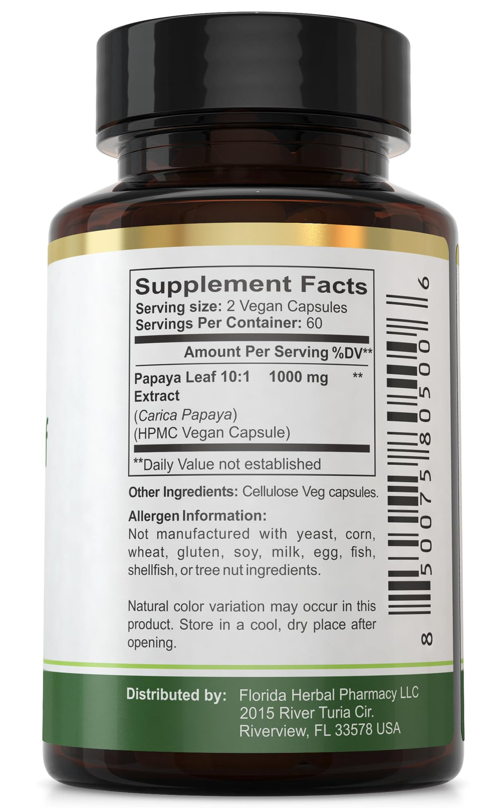 Supplement facts and dosage guidance for Papaya Leaf Extract capsules