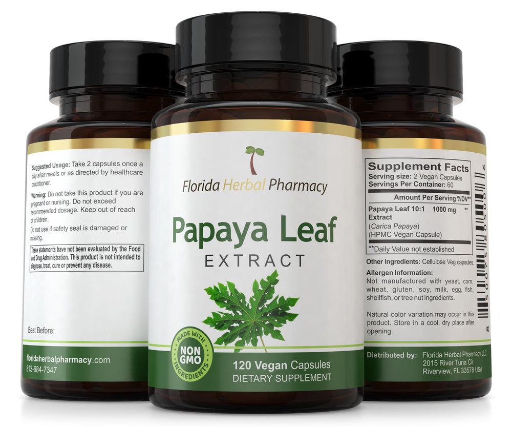 Packaging indicating GMP certified, non-GMO Papaya Leaf Extract capsules