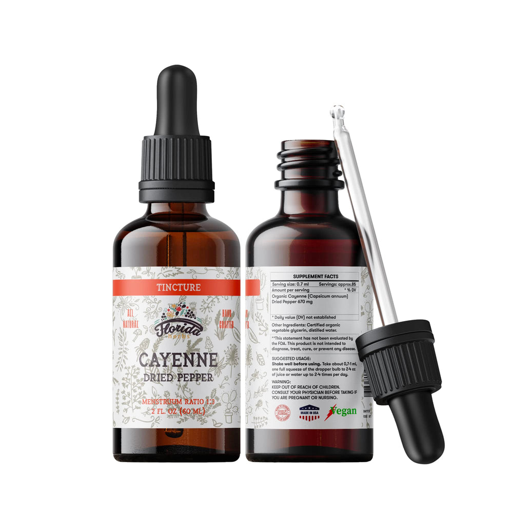 Close-up of Cayenne tincture label with non-GMO and organic details