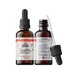 Close-up of Cayenne tincture label with non-GMO and organic details